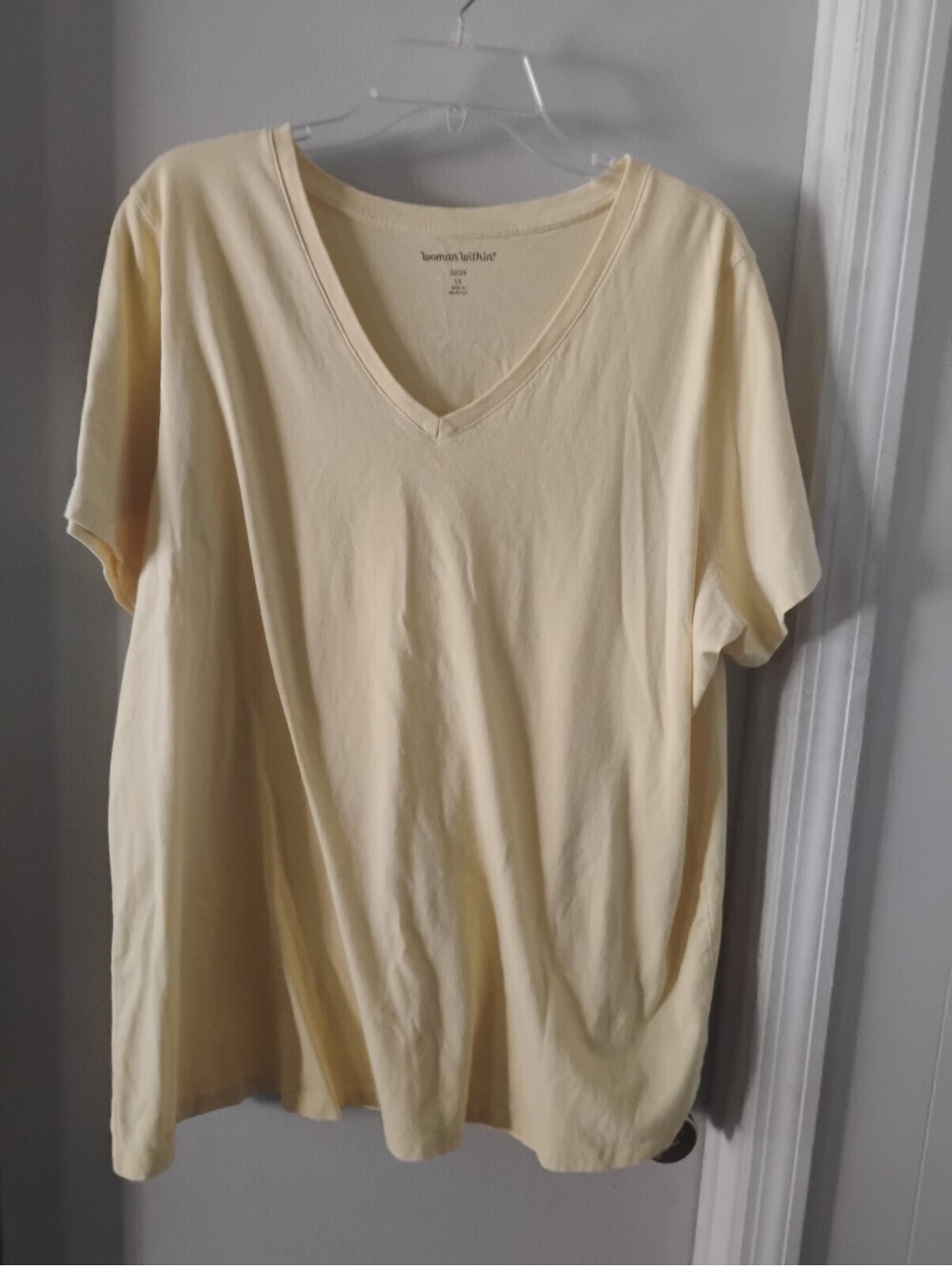 Woman Within Plus Size V-Neck Short Sleeve T-Shirt 1X Pale Yellow